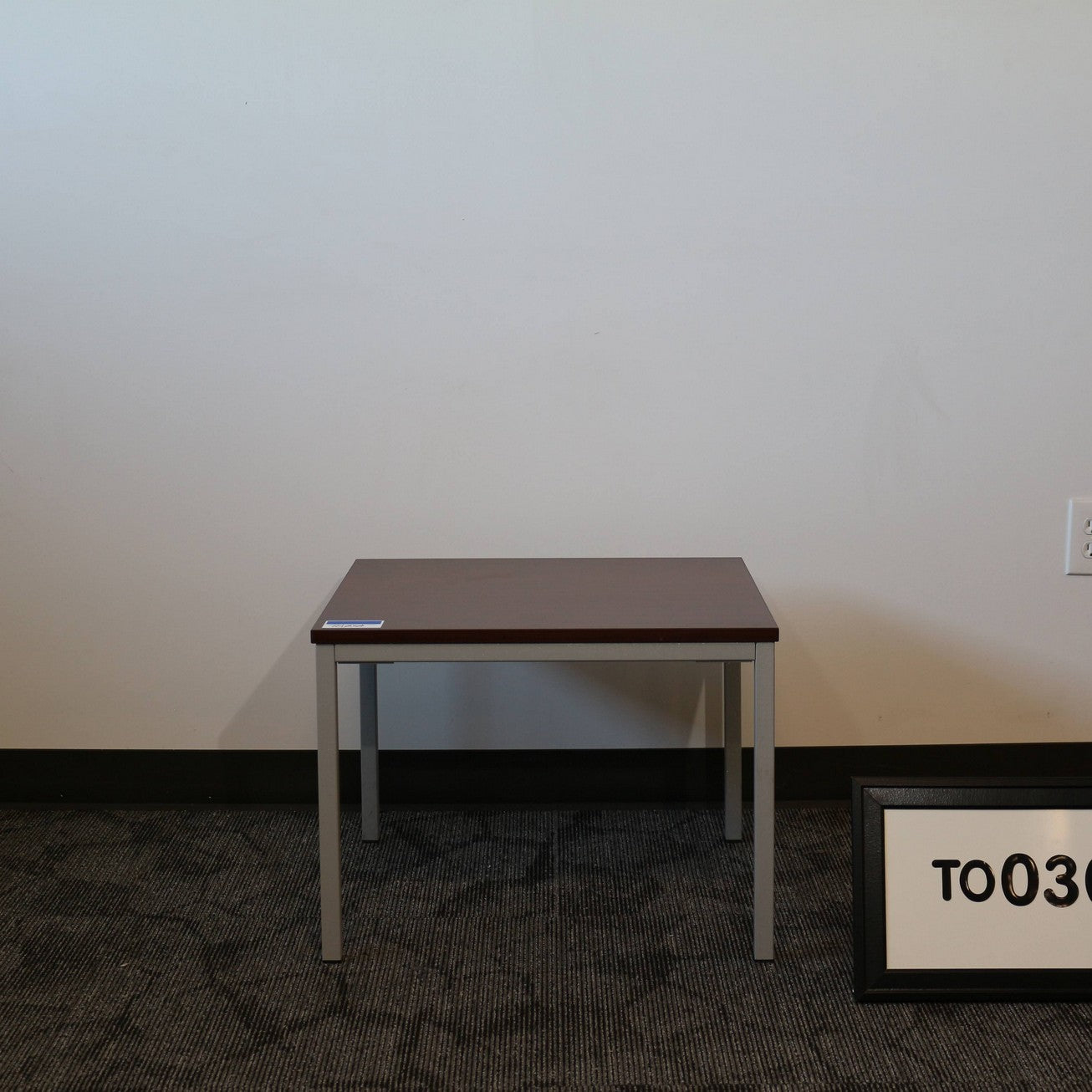 Cherry laminate end table 24" x 24" with grey legs