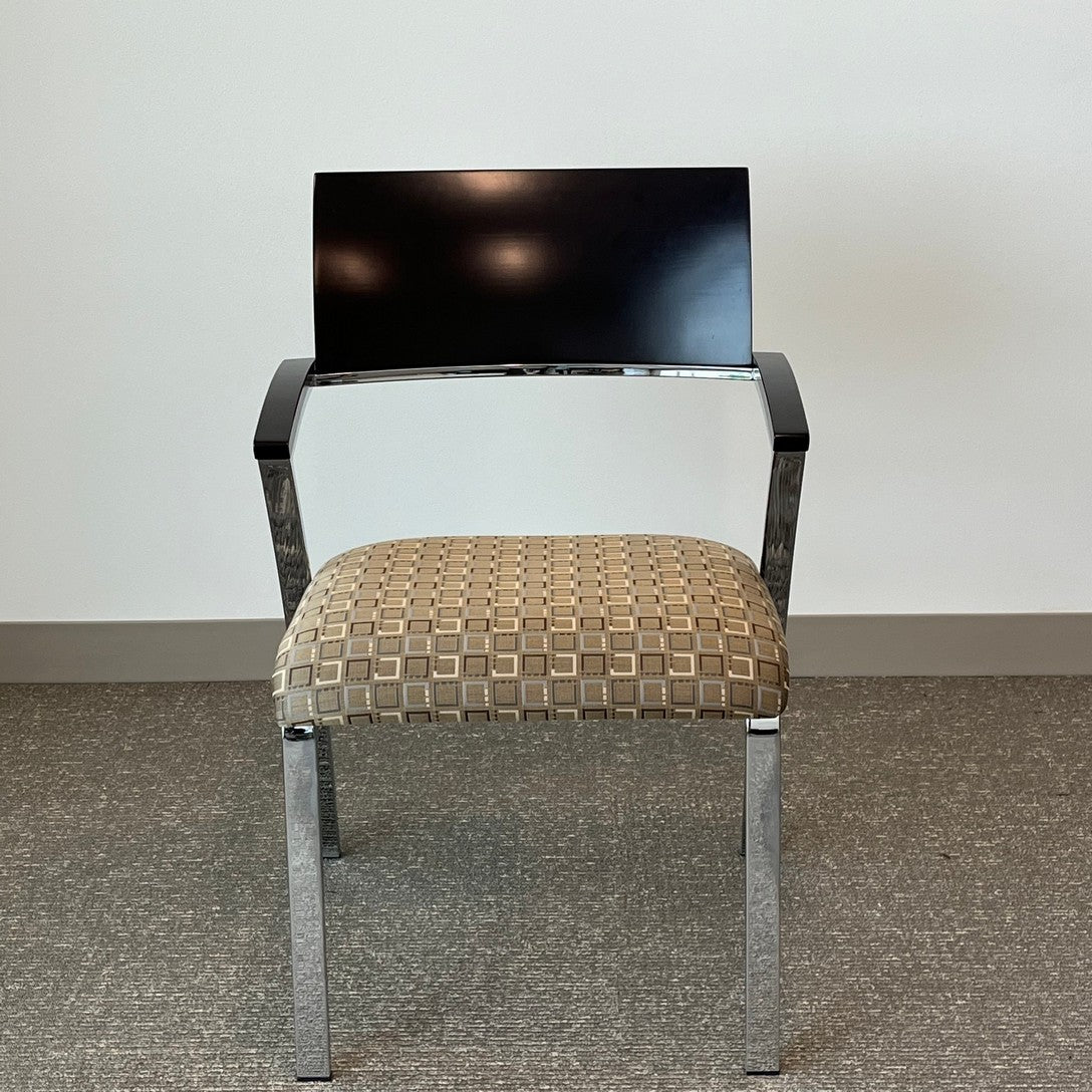 Espresso wood with chrome arms and legs tan fabric