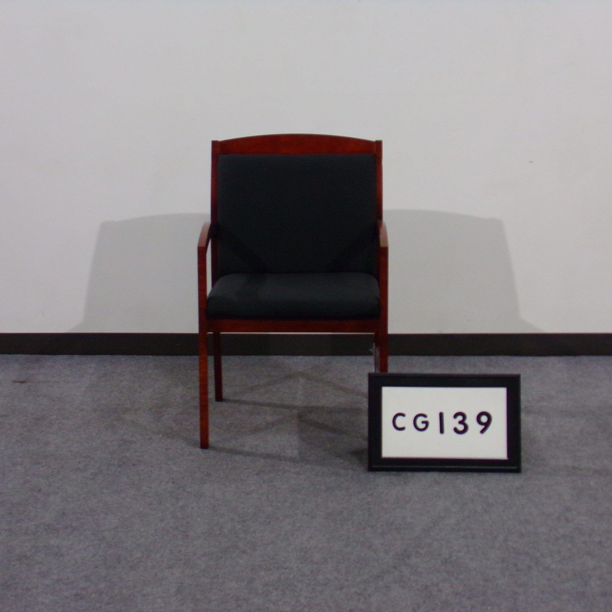 Kimball cherry wood frame guest chair Seat and back recovered in black fabric