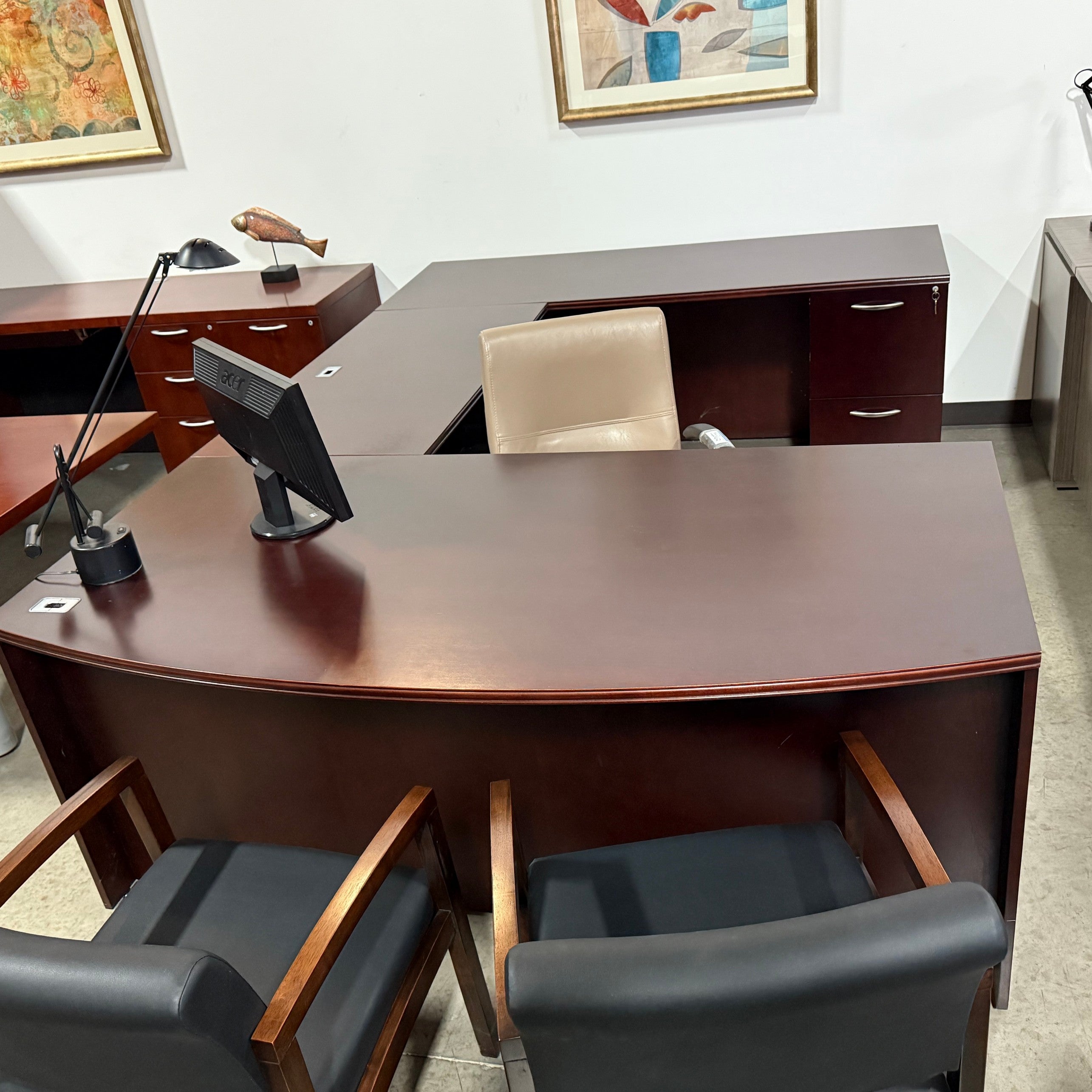 JSI Vision wood U shaped desk Right return with BBF & FF 6'" x 9' x 6' some damage