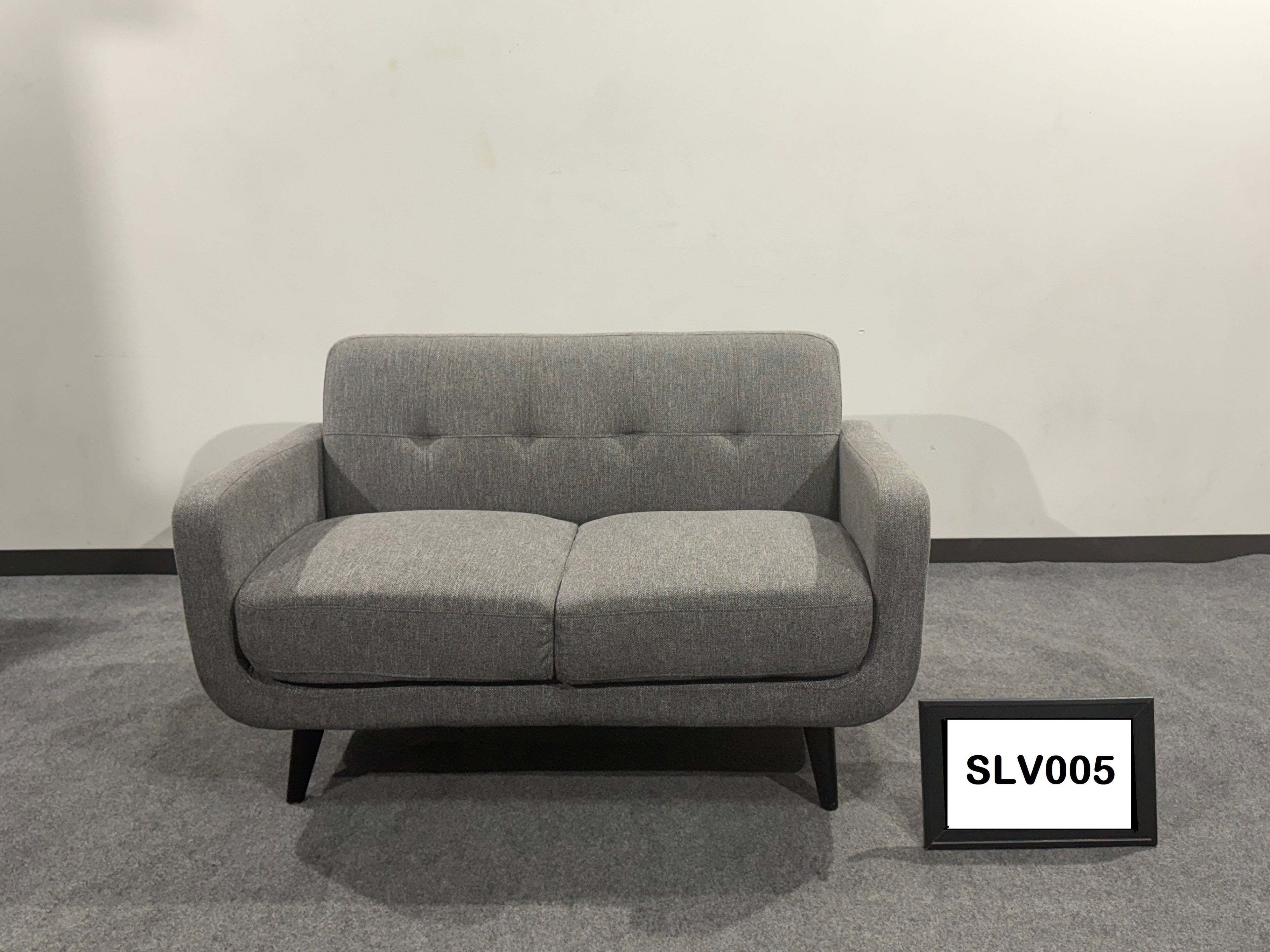 Mid-Century Modern Love seat  Grey Fabric with tufted seat 55" x 33"