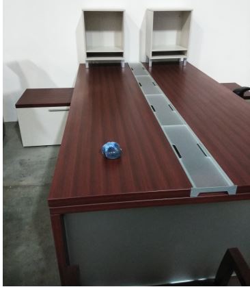 Groupe Lacasse 2 person benching system with low open storage BF credenza with 2