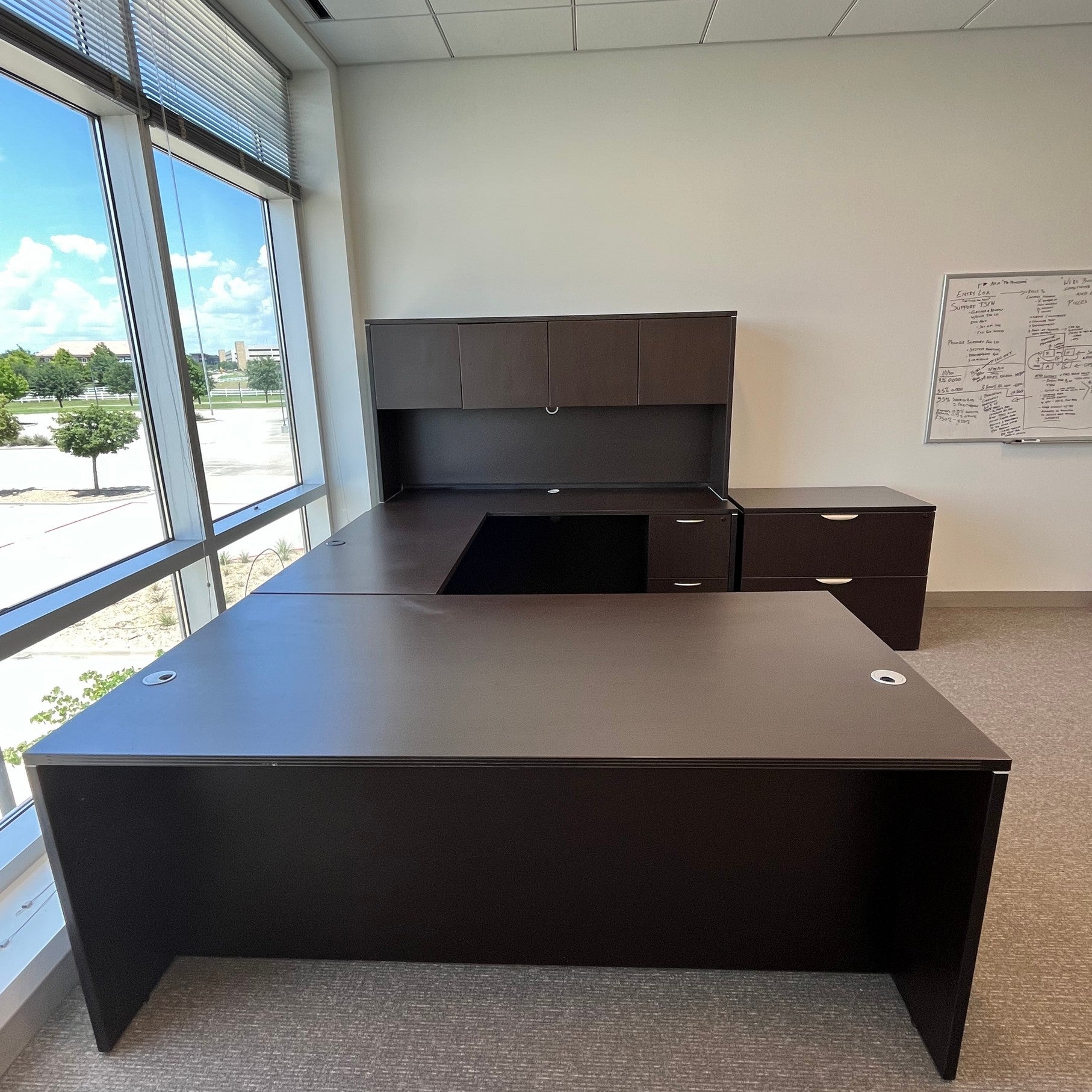 Espresso U shaped desk reeded 71" x 36", 48" bridge, 71" credenza & hutch Right return with BBF, FF