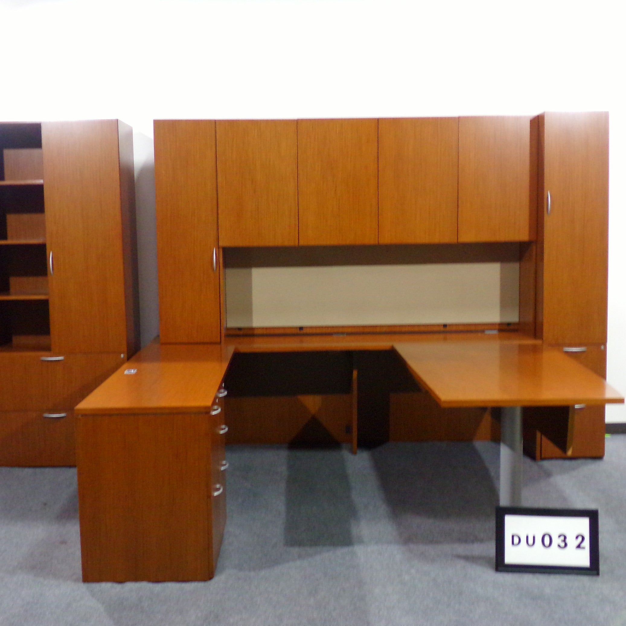 OFS U-Shape Desk Cherry wood/ Wardrobe with two storage cabinets and hutch. Desk-72" x 31" / Bridge-