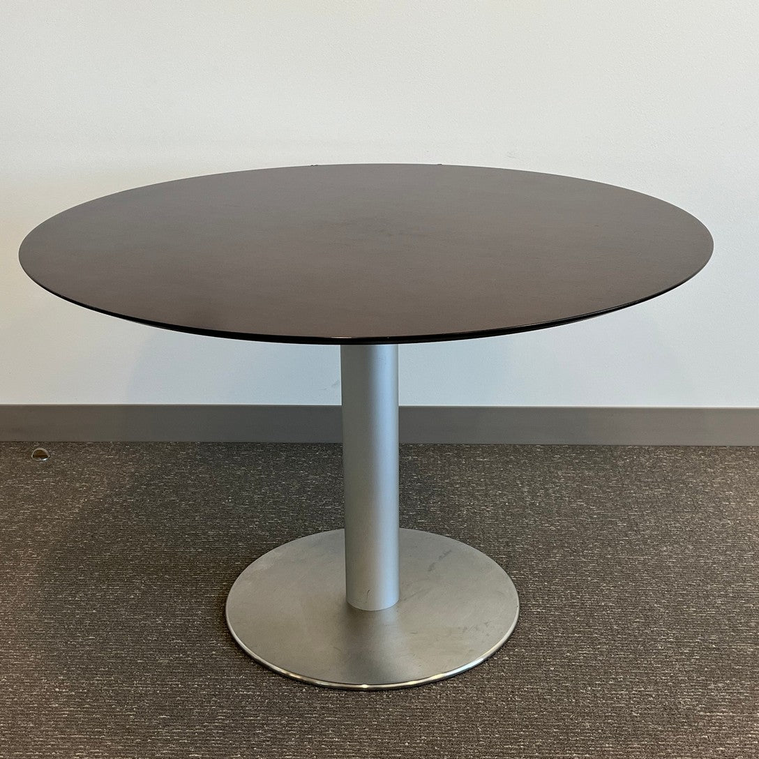 Espresso wood breakroom table 44" with silver disc base