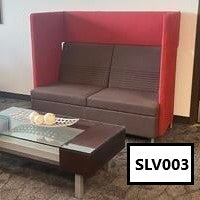 JSI Ziva loveseat Brown fabric with red acoustic  privacy panels Measures 60"W x 30"D x 17"