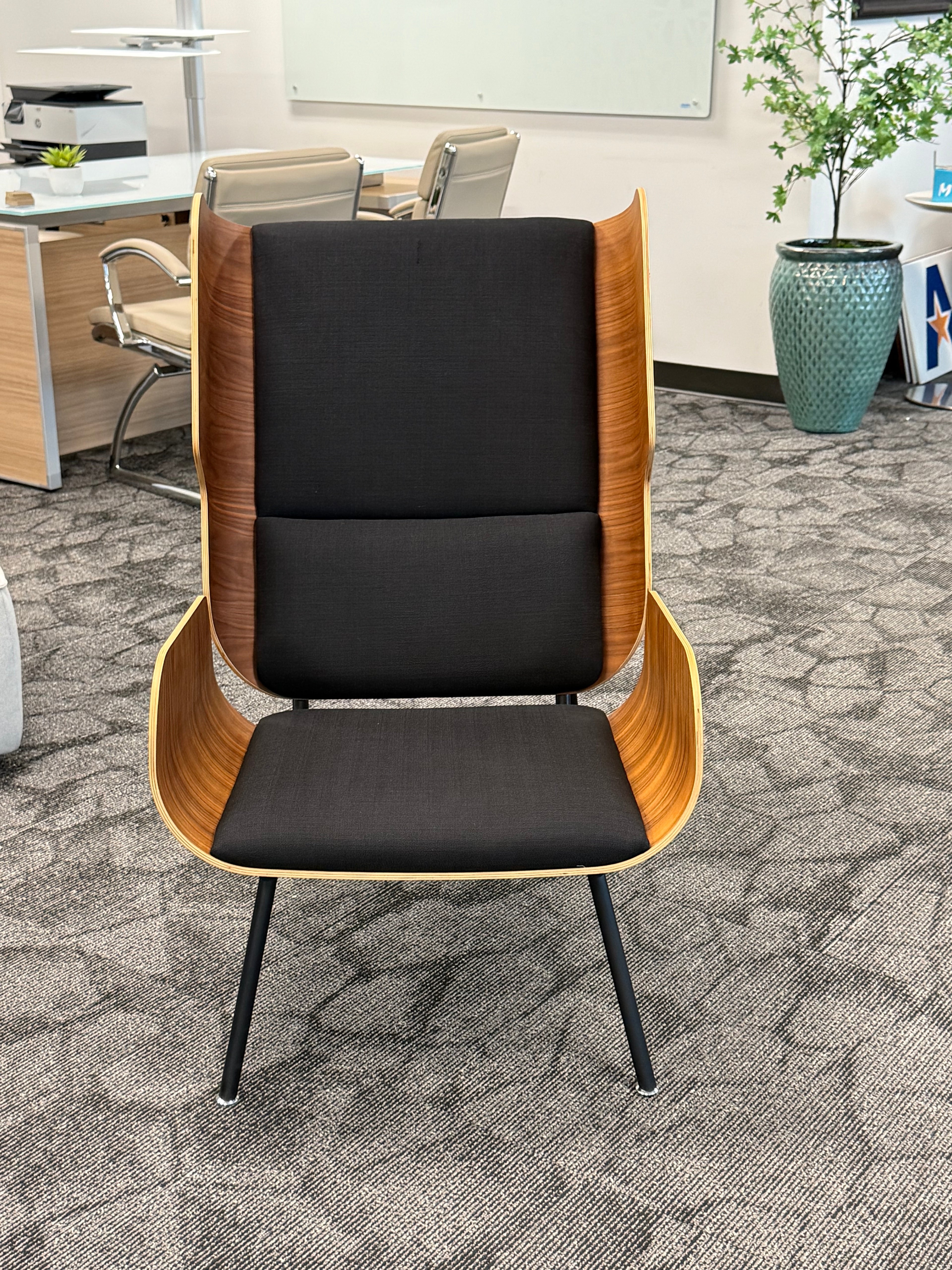 Elk lounge chair steambent wood high back with black fabric and black legs