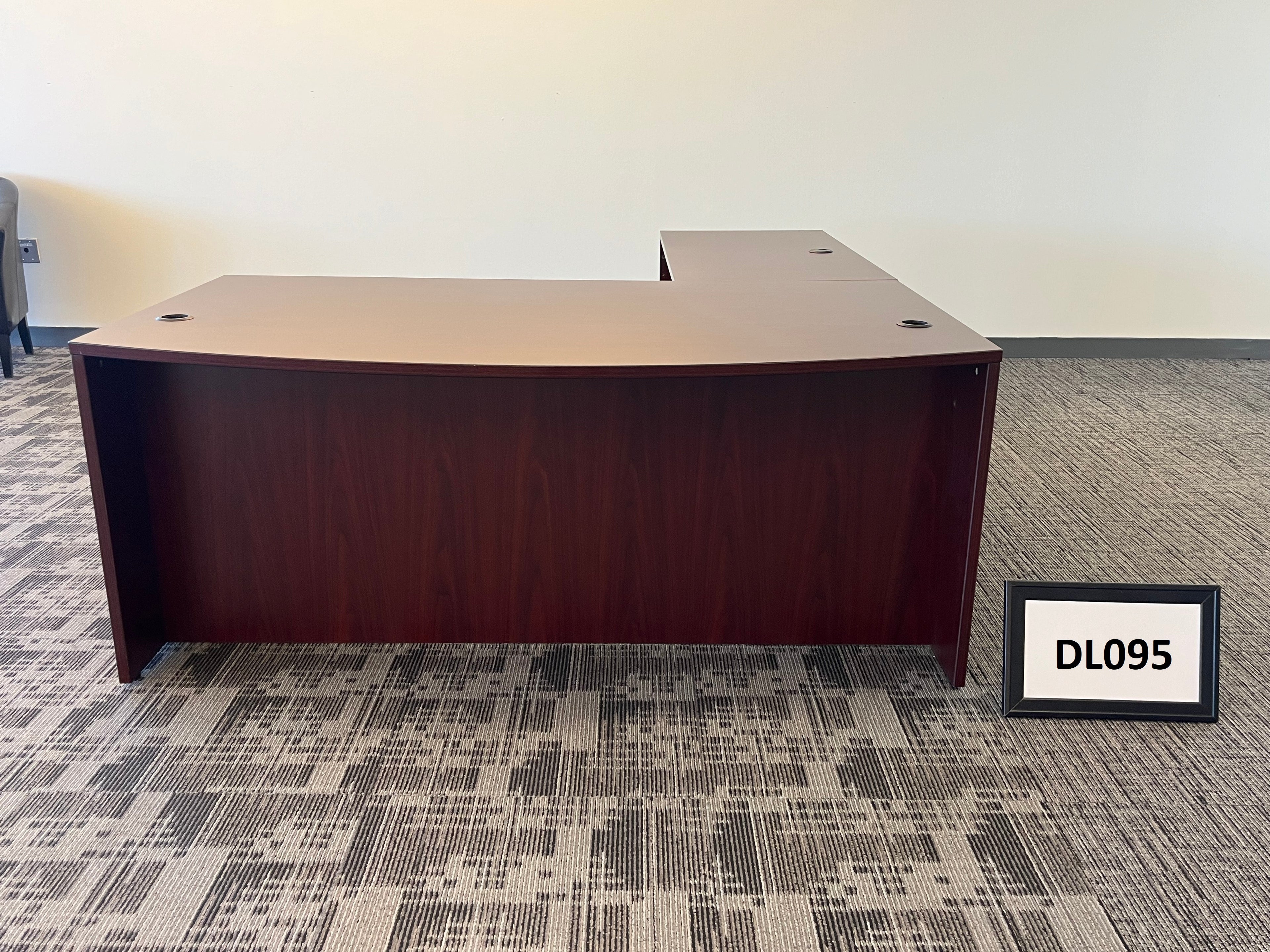 L-Shape Bowfront Desk Mahogany Laminate (Left  Hand)  w/ BBF & FF Peds. Desk-72" x 42" / Return-48"
