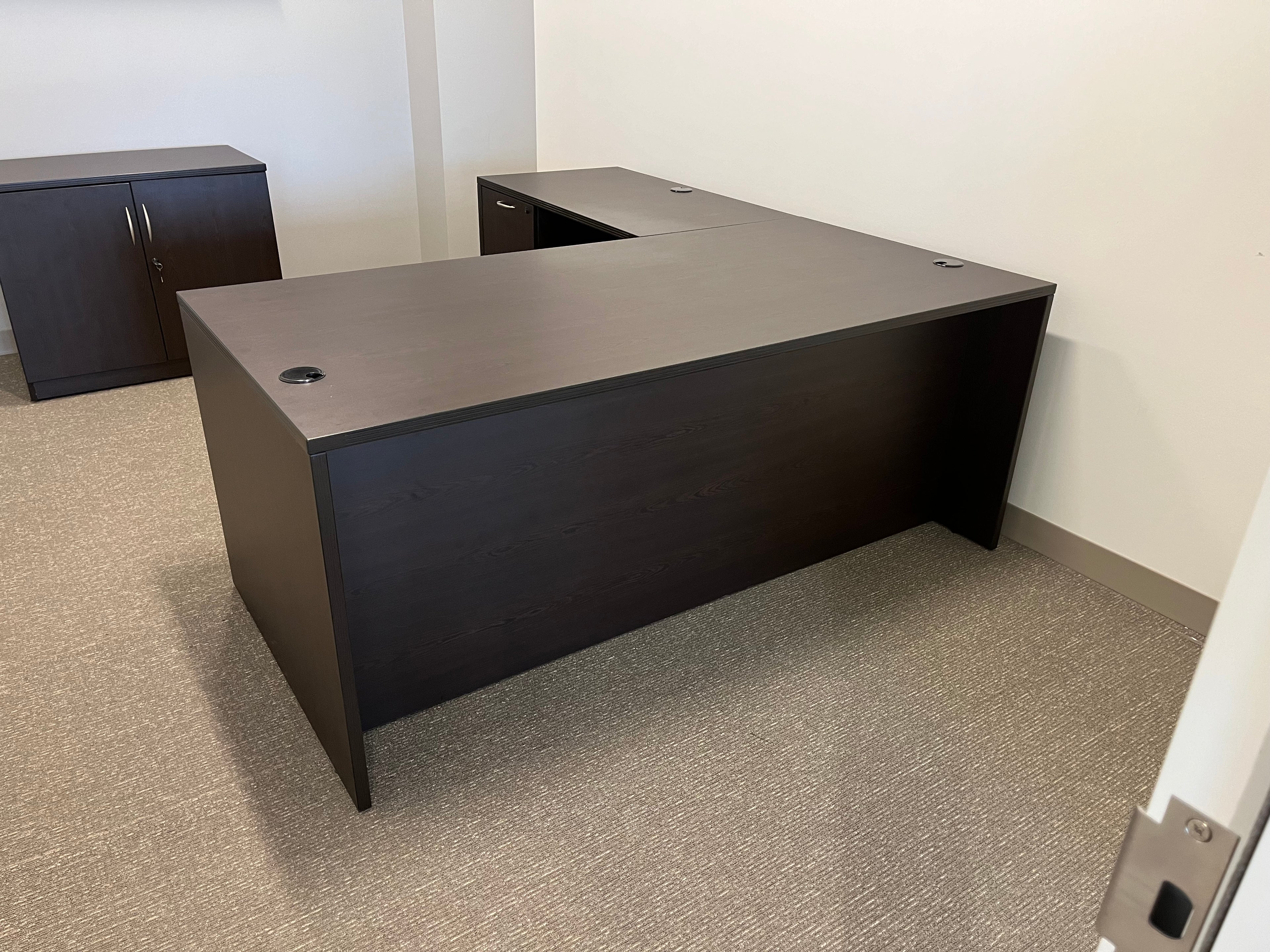 Espresso L shaped desk 72" x 36" left return 42" reeded edge with BBF & FF
