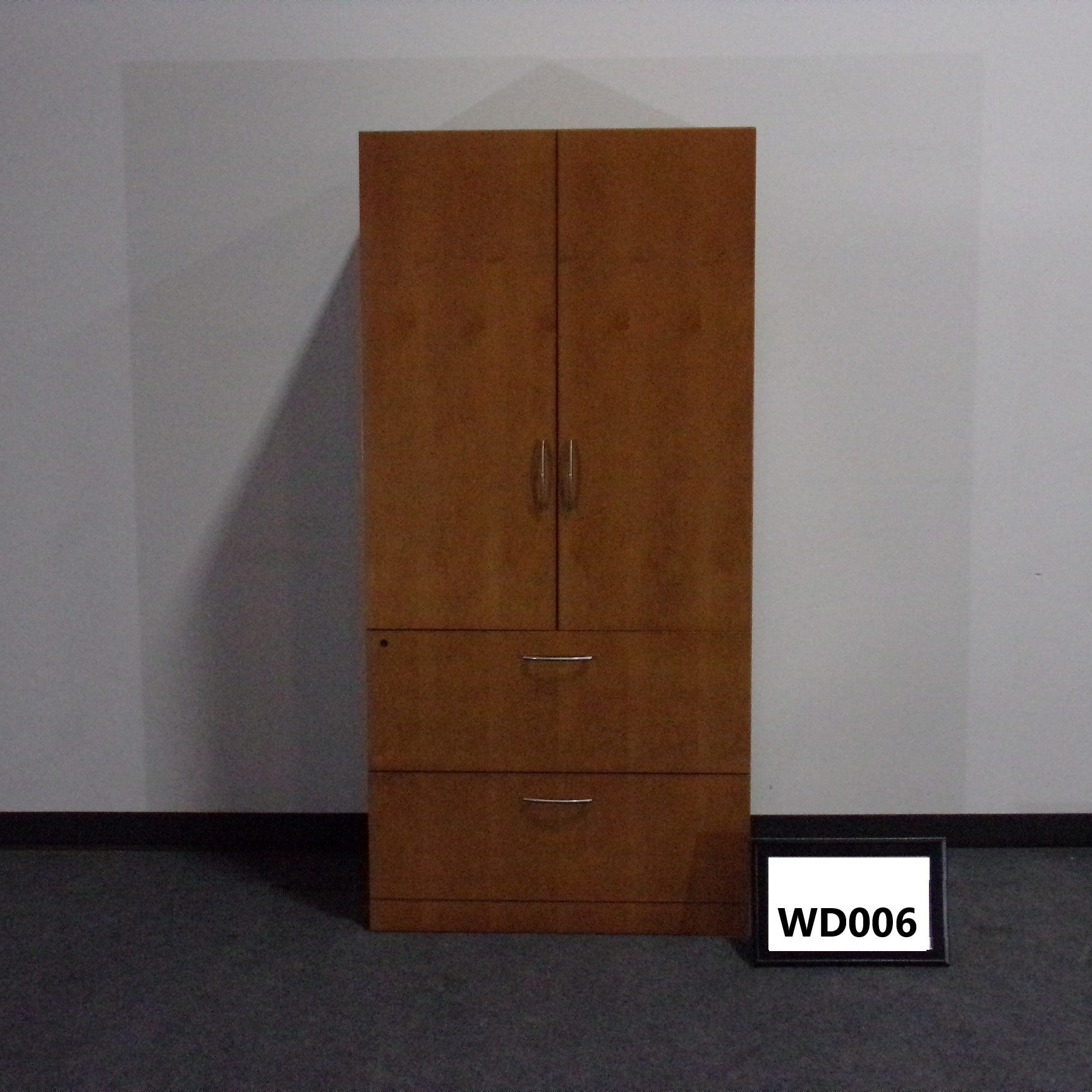 Wardrobe Cherry Wood w/ 2 door storage on top and Lateral File on bottom. Silver handles. 72" x 36"