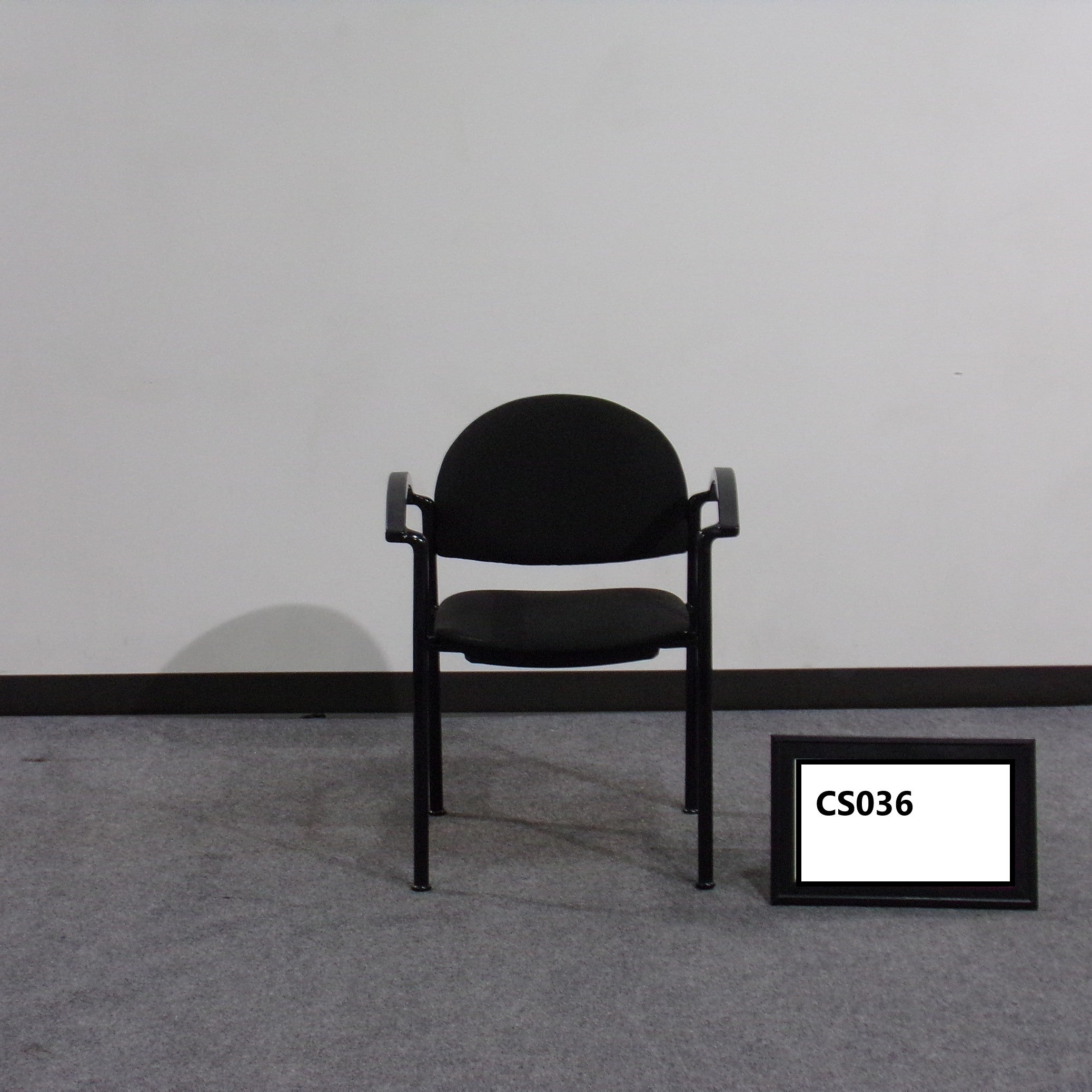 Stack chair Black metal base, plastic arms Black fabric seat and back