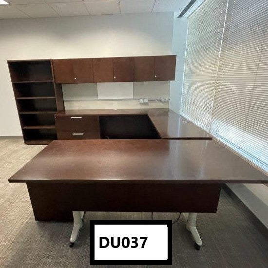 OFS U-shaped Wood Desk -Height adjustable Desk 72"x30" bridge, mobile bf credenza, hutch, tack board