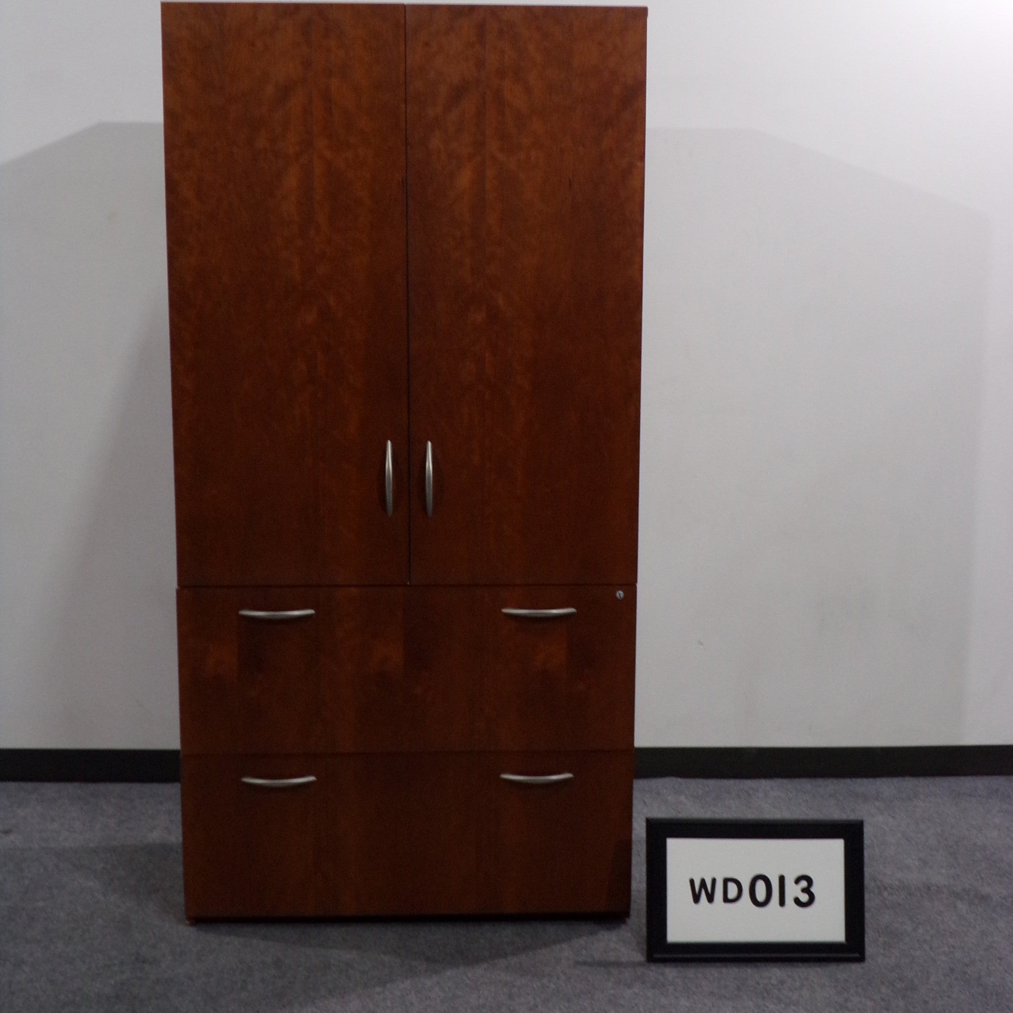 Cherry Wood Combo Storage-2 doors & 2 drawer lateral w/silver handles. 72"H x 36"W x 20"D