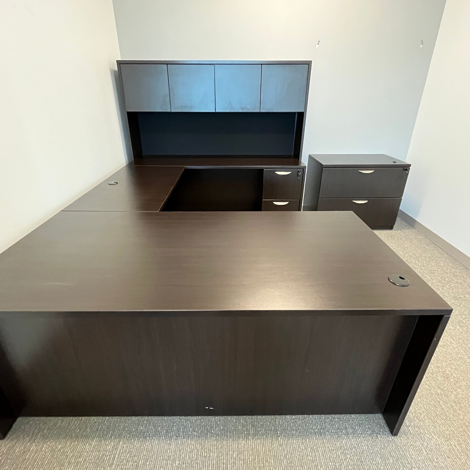 Espresso U shaped desk 71" x 36", 48" bridge, 71" credenza & hutch Right return with BBF & FF