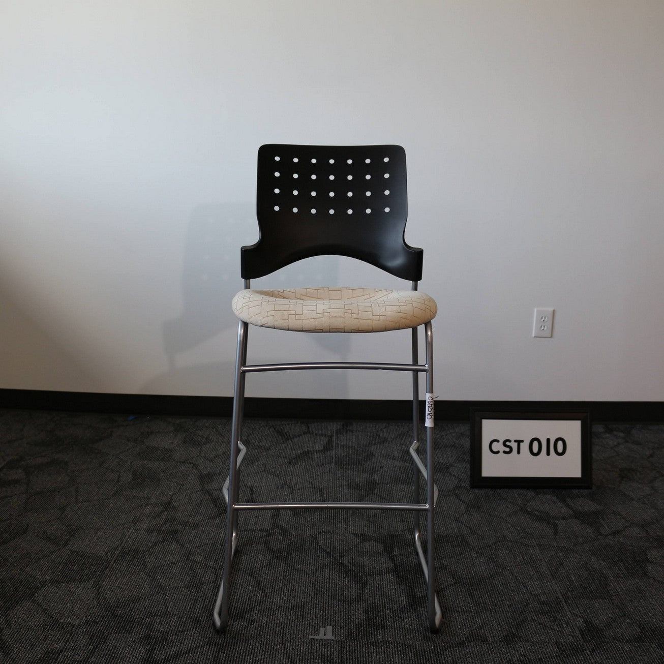 Safco bar height stool - beige fabric seat, black plastic back